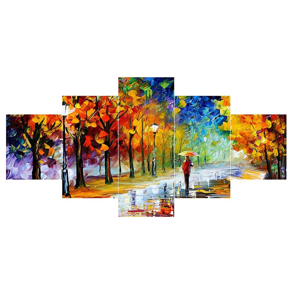 Colorful rainy street digital wall painting with umbrella figure – modern art decor for living room.