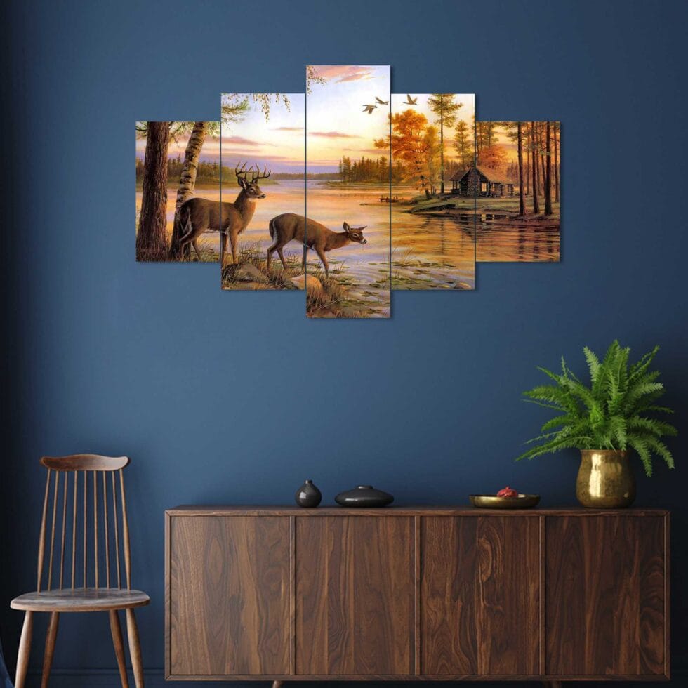 Nature-inspired deer and lake digital canvas painting – contemporary art decor for bedroom or office.