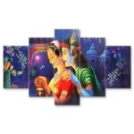 Romantic Radha Krishna digital wall painting with blue background – modern spiritual wall decor for gifting.
