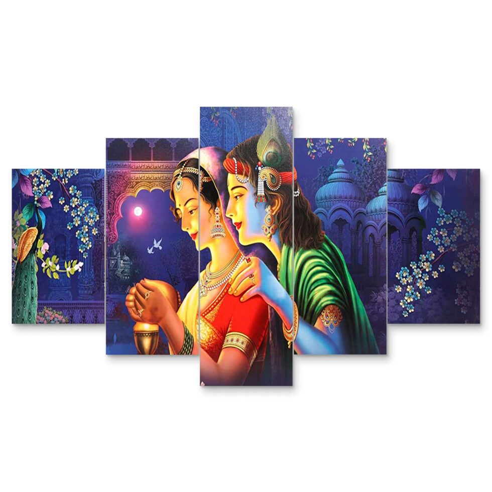 Romantic Radha Krishna digital wall painting with blue background – modern spiritual wall decor for gifting.