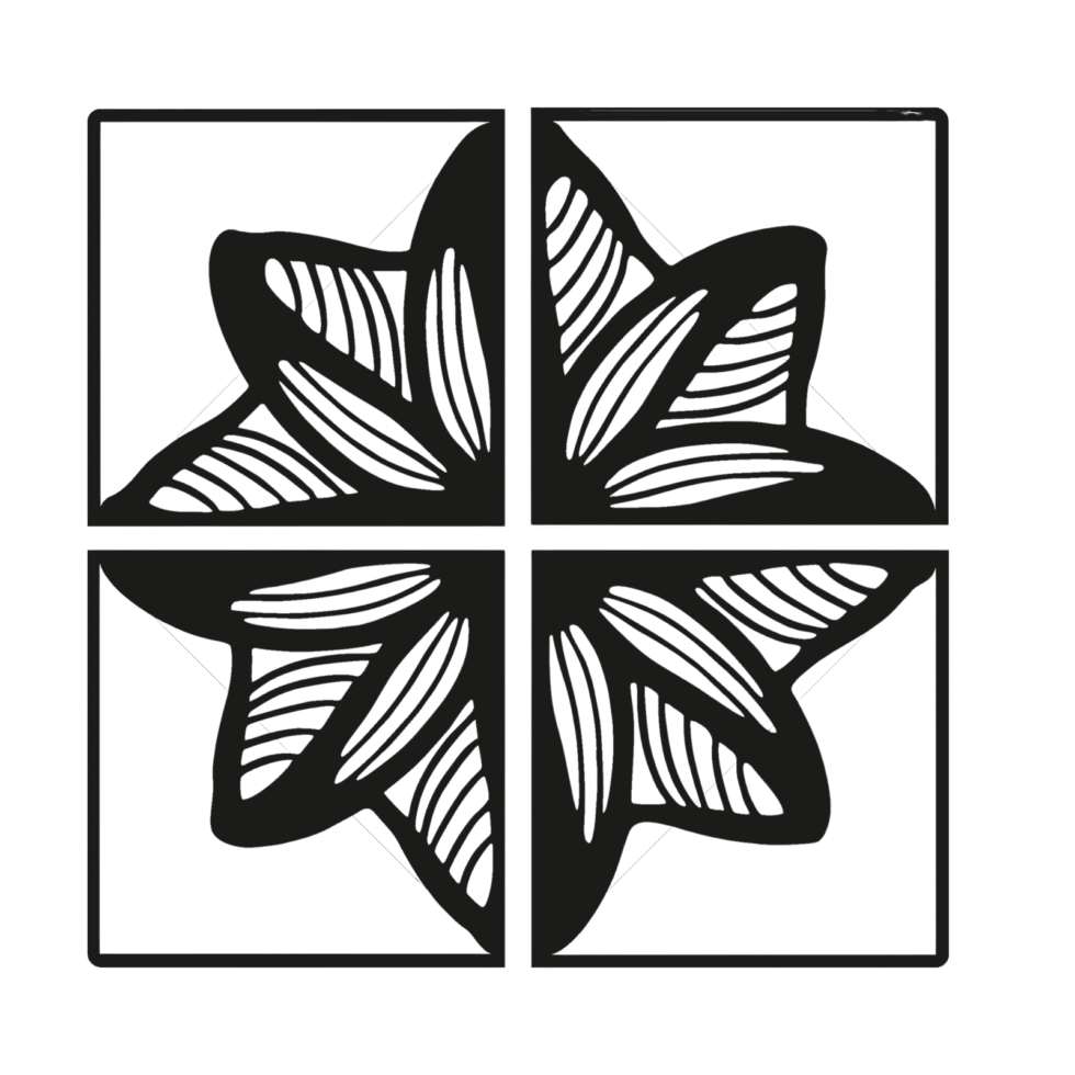 Contemporary black metal wall art with floral geometric pattern.