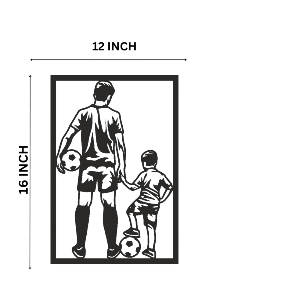 Black 3D metal artwork of dad and child playing soccer for wall decor.