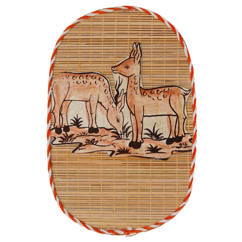 Artisan-crafted bamboo wall decor with nature-inspired deer painting, perfect for Diwali festival interiors