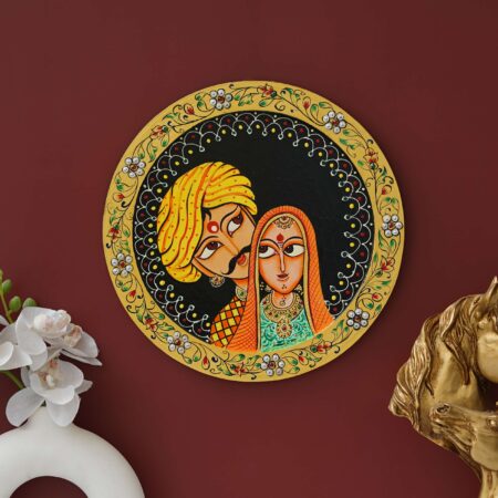 Colorful Rajasthani love couple digital painting – modern ethnic wall decor for home or office.