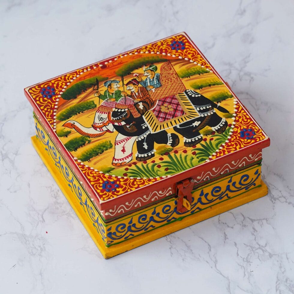 Hand-painted wooden box with royal elephant artwork, Rajasthani design multipurpose storage box for decor and gifting.