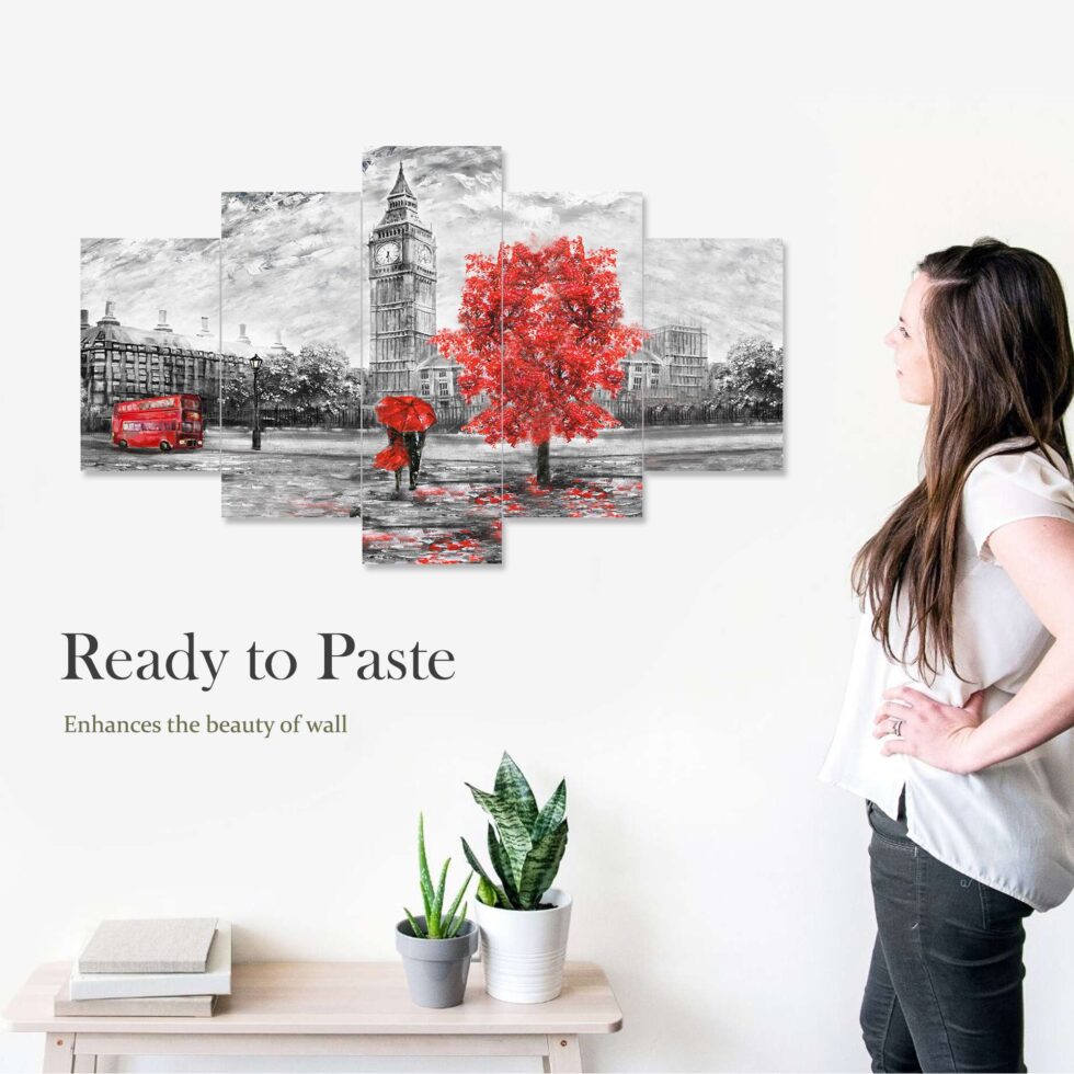 Romantic London street digital wall painting with red umbrella and Big Ben – modern art decor for living room.