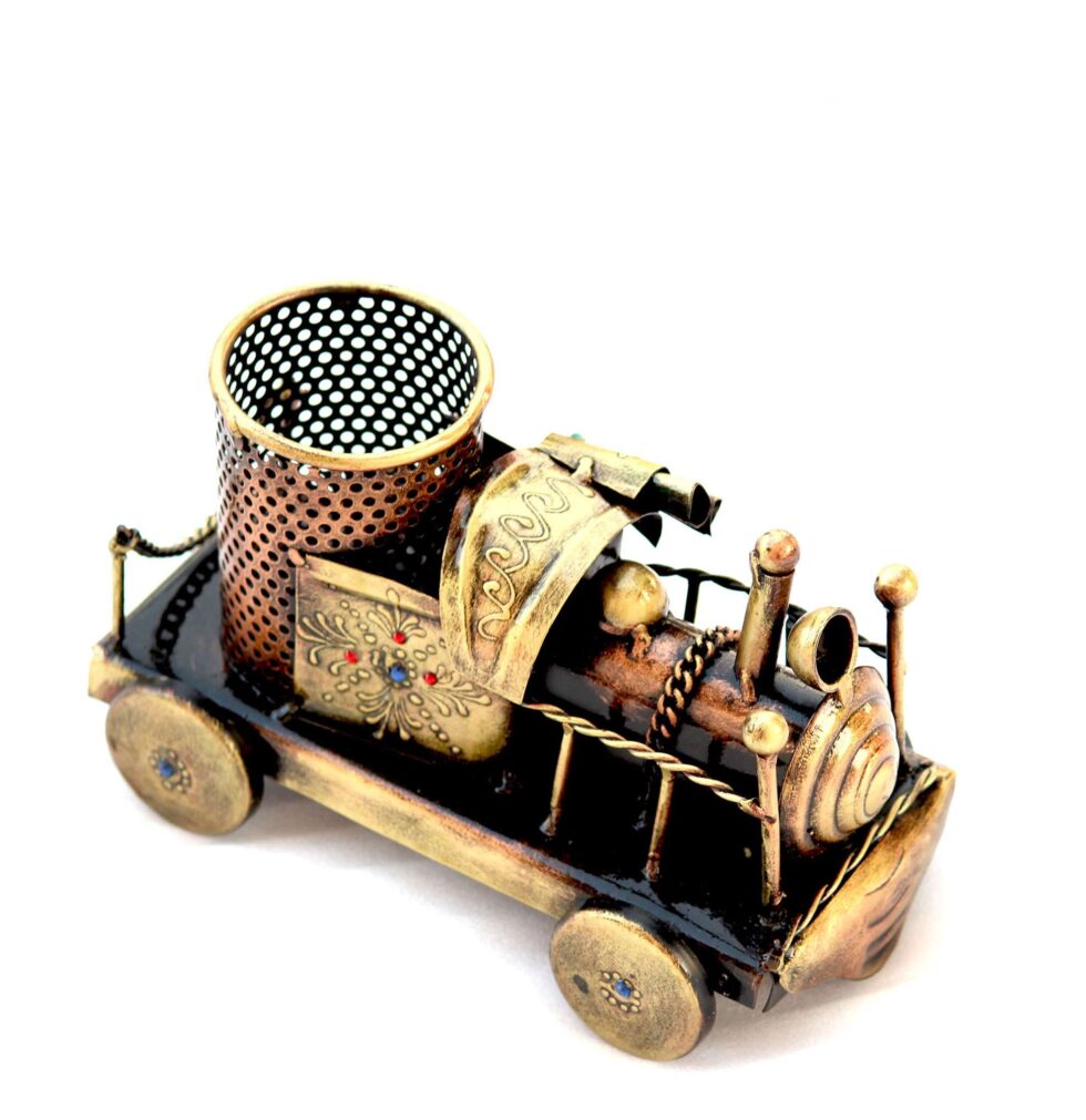 Antique brass locomotive pen stand, traditional handmade office and home decor gift