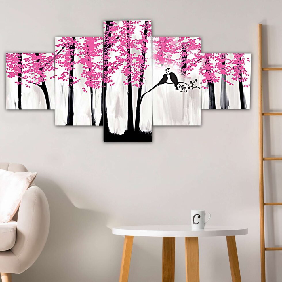 Romantic couple birds digital wall painting with pink blossom trees – modern art decor for bedroom.