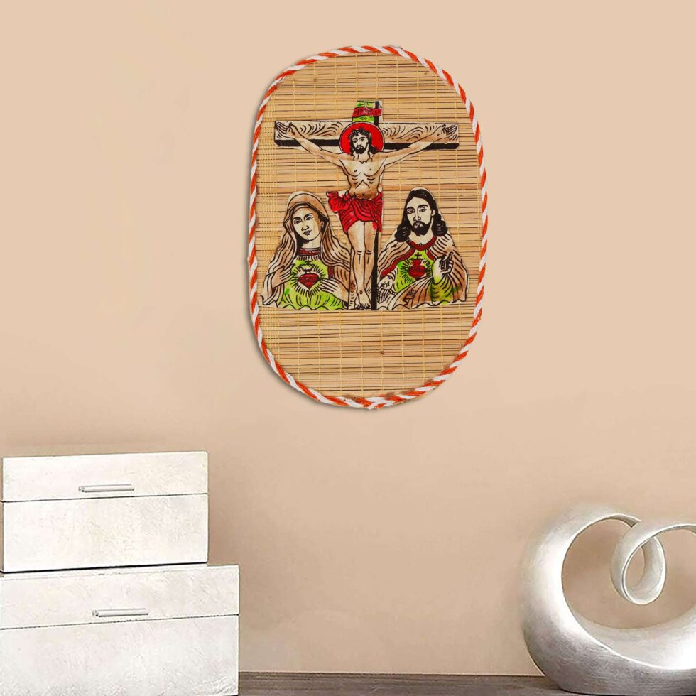 Ethnic bamboo wall art featuring Jesus on cross with holy figures, perfect spiritual gift for Christmas or Diwali
