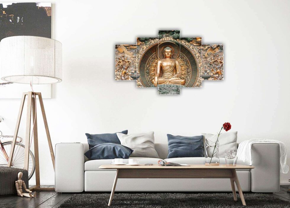 Antique golden Buddha digital wall painting – spiritual Indian art decor for peace and positivity at home.