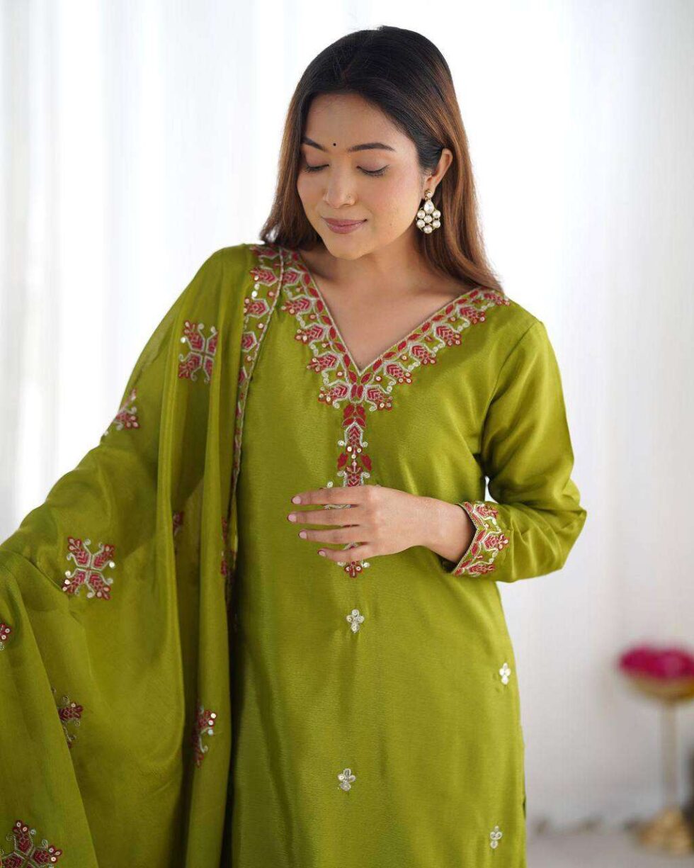 Women's Chinnon Silk Embroidery Sequence Work and Lace Work Straight Kurti With Pant and Dupatta - AllHandmadeGoods