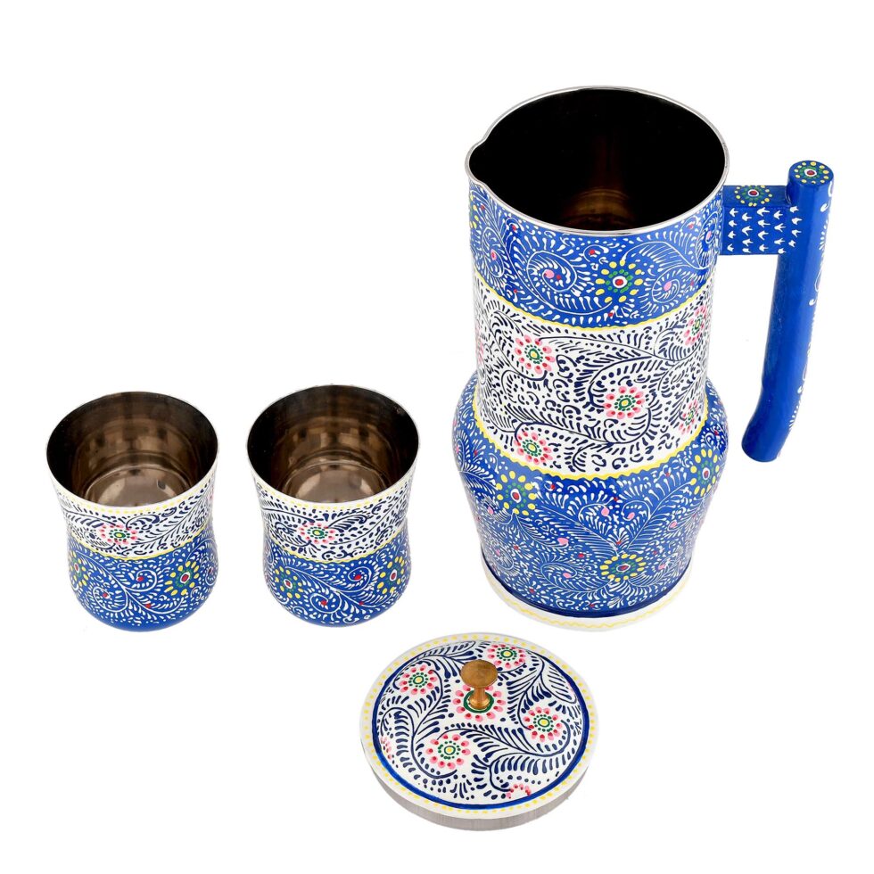 Festive Diwali hand-painted blue steel jug and cup set, ideal for gifting and serving