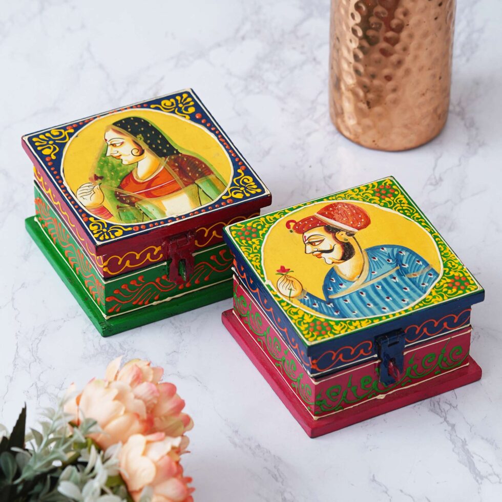 Traditional Rajasthani art wooden boxes for jewelry, keepsakes, or decor use.