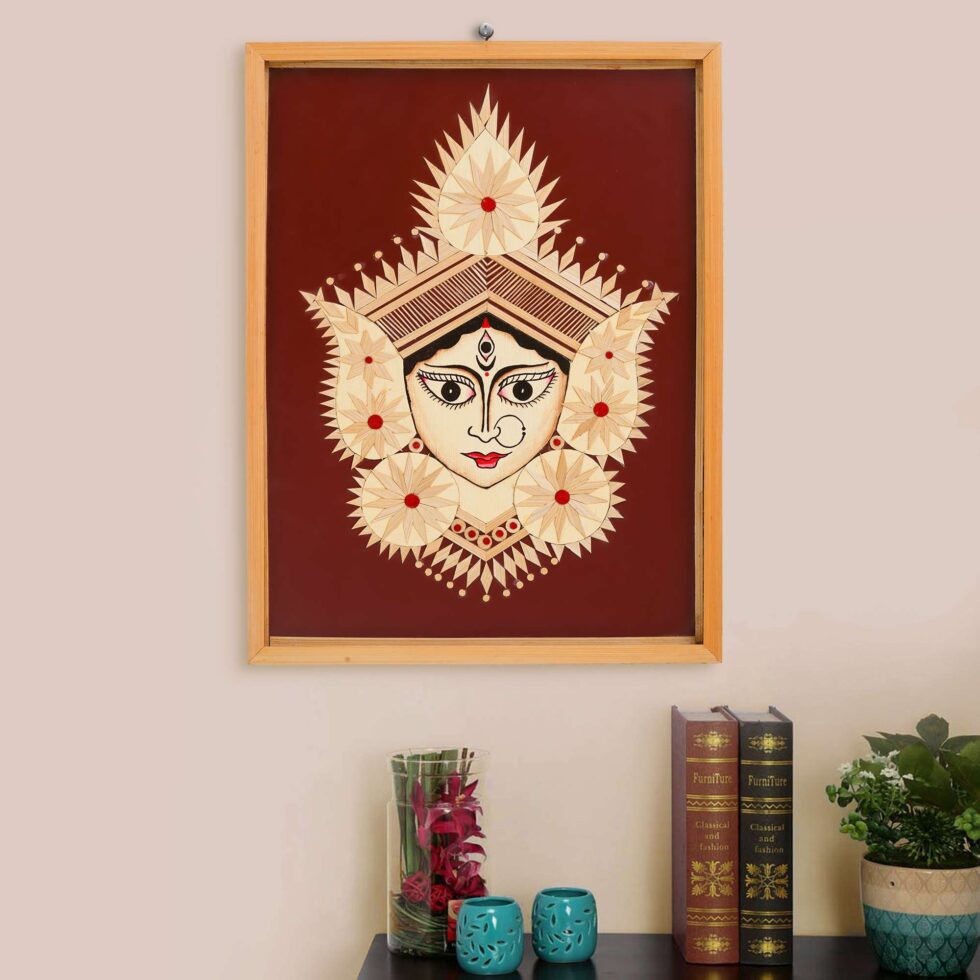 Eco-friendly bamboo craft frame with Goddess Durga design, ideal for Diwali decoration and gifting