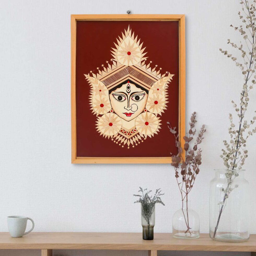 Artisan-crafted bamboo wall decor depicting Durga Maa, cultural Indian art for Diwali festive interiors