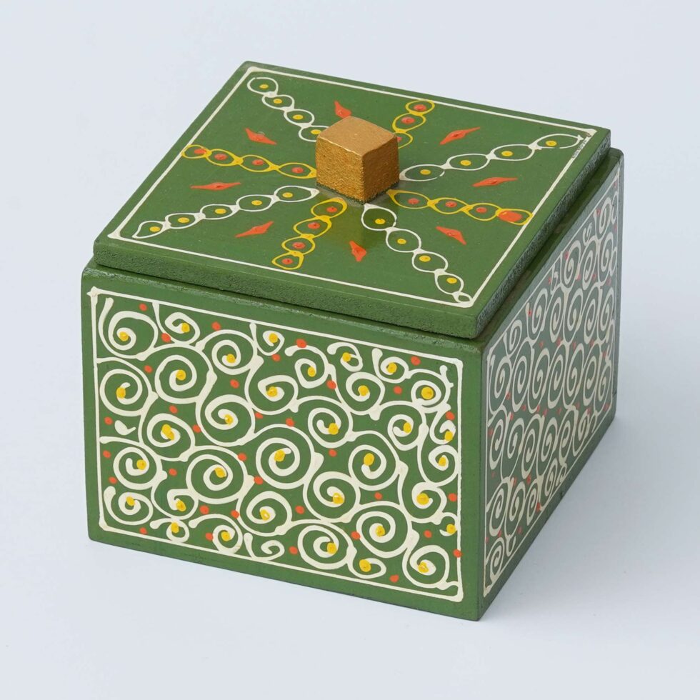 Hand-painted wooden box with green floral design, perfect for storing dry fruits, nuts, or festive sweets.