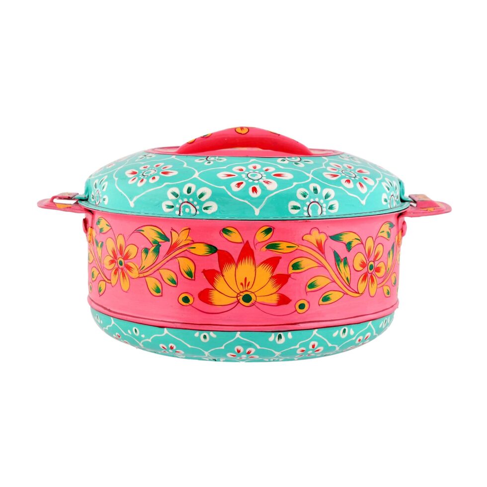 Ethnic Indian hand-painted steel hot pot with lid and spoon, decorative tableware