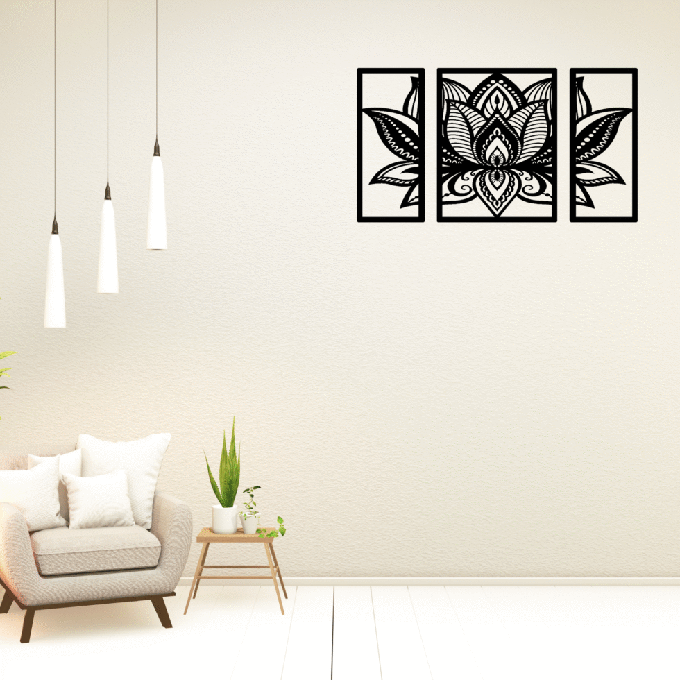 Mandala lotus metal wall art set for spiritual modern home decor.