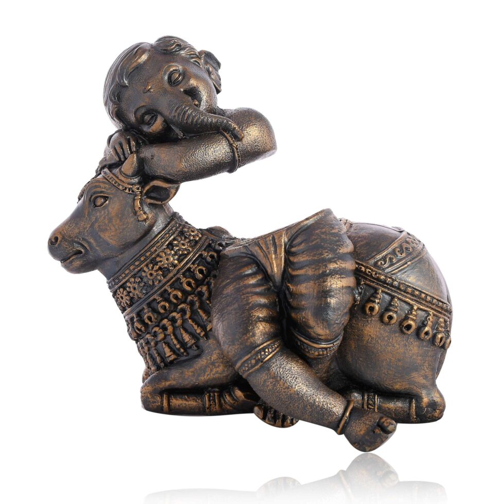 Eco-friendly brass-finish Ganesha idol on bull, ideal for festive home decoration and gifting