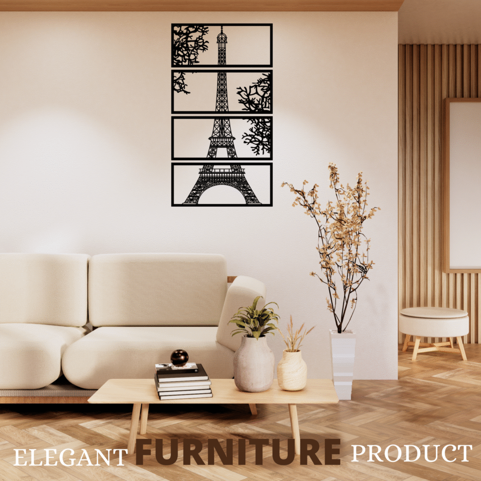 Eiffel Tower metal wall art in four panels for modern home decor.