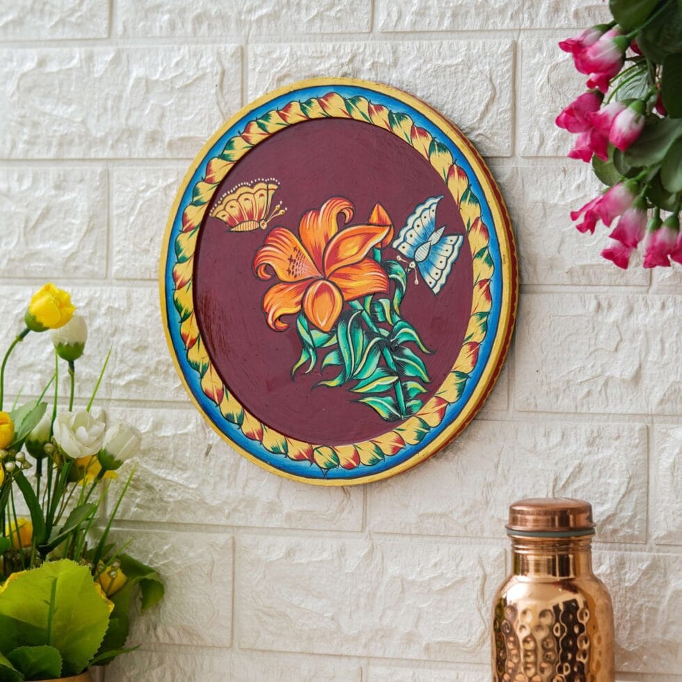 Traditional floral Pichwai painting with butterflies – vibrant Indian wall art decor for living room.