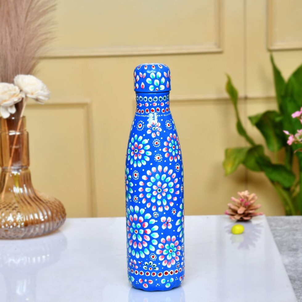 Artisan-crafted blue aluminium water bottle with ethnic mandala-inspired artwork
