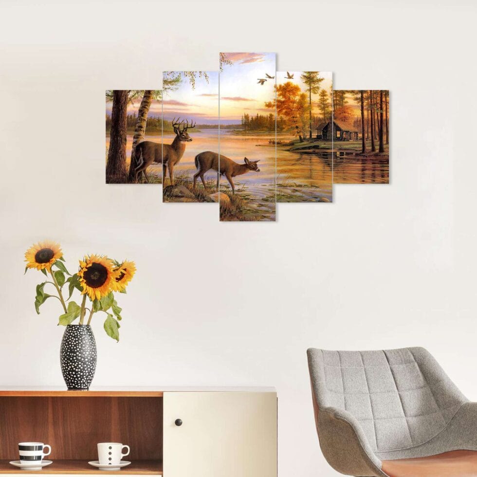 Beautiful deer couple by lakeside digital wall painting – modern nature art decor for living room.