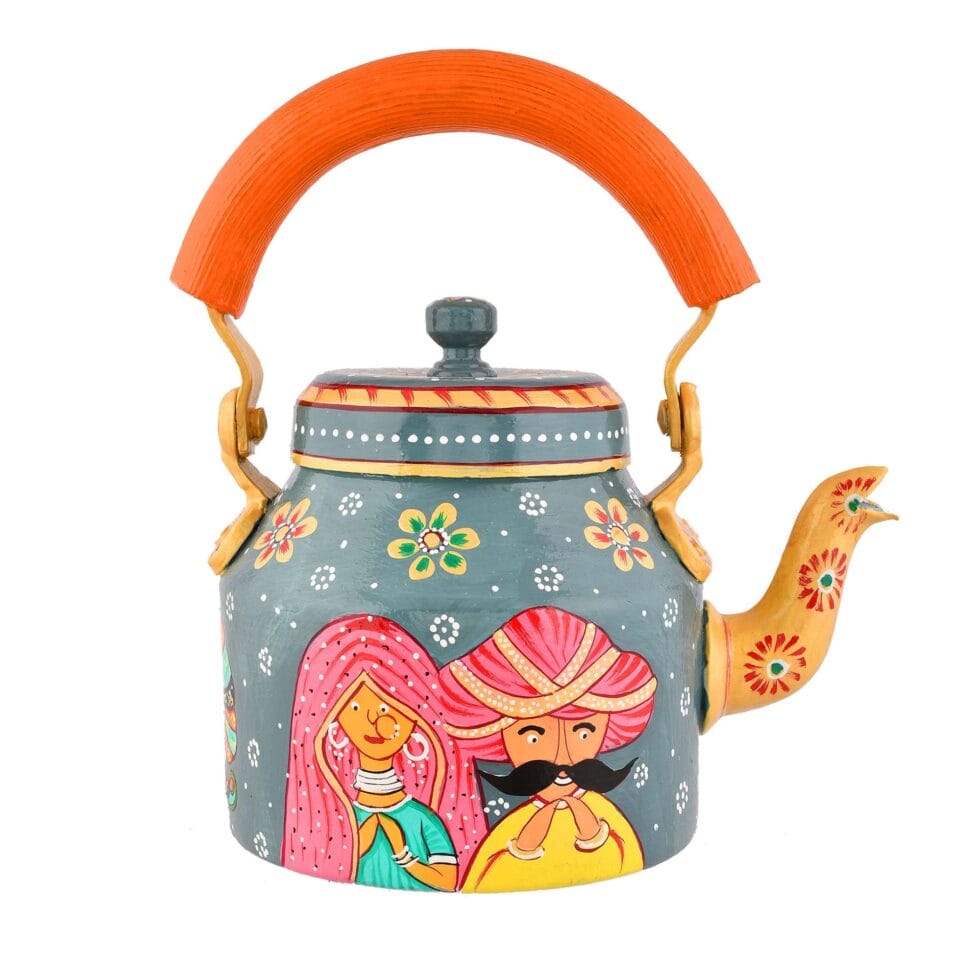 Handmade stainless steel kettle with ethnic Rajasthani art, perfect for decor and gifting