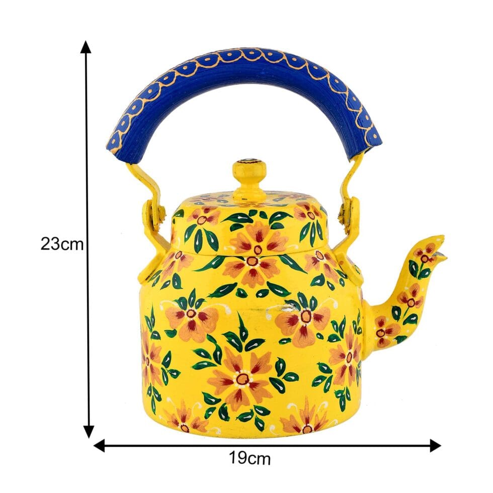 Hand-painted yellow stainless steel kettle with floral Indian art and blue handle
