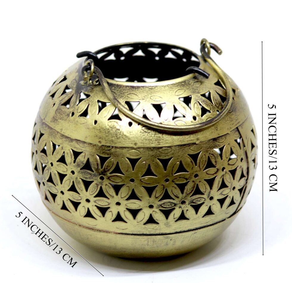 Antique golden metal candle holder lantern, 13 cm handcrafted Diwali decoration piece
