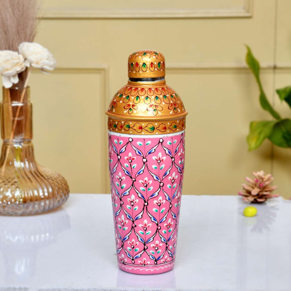 Decorative hand-painted aluminium shaker – pink floral design for home bar décor