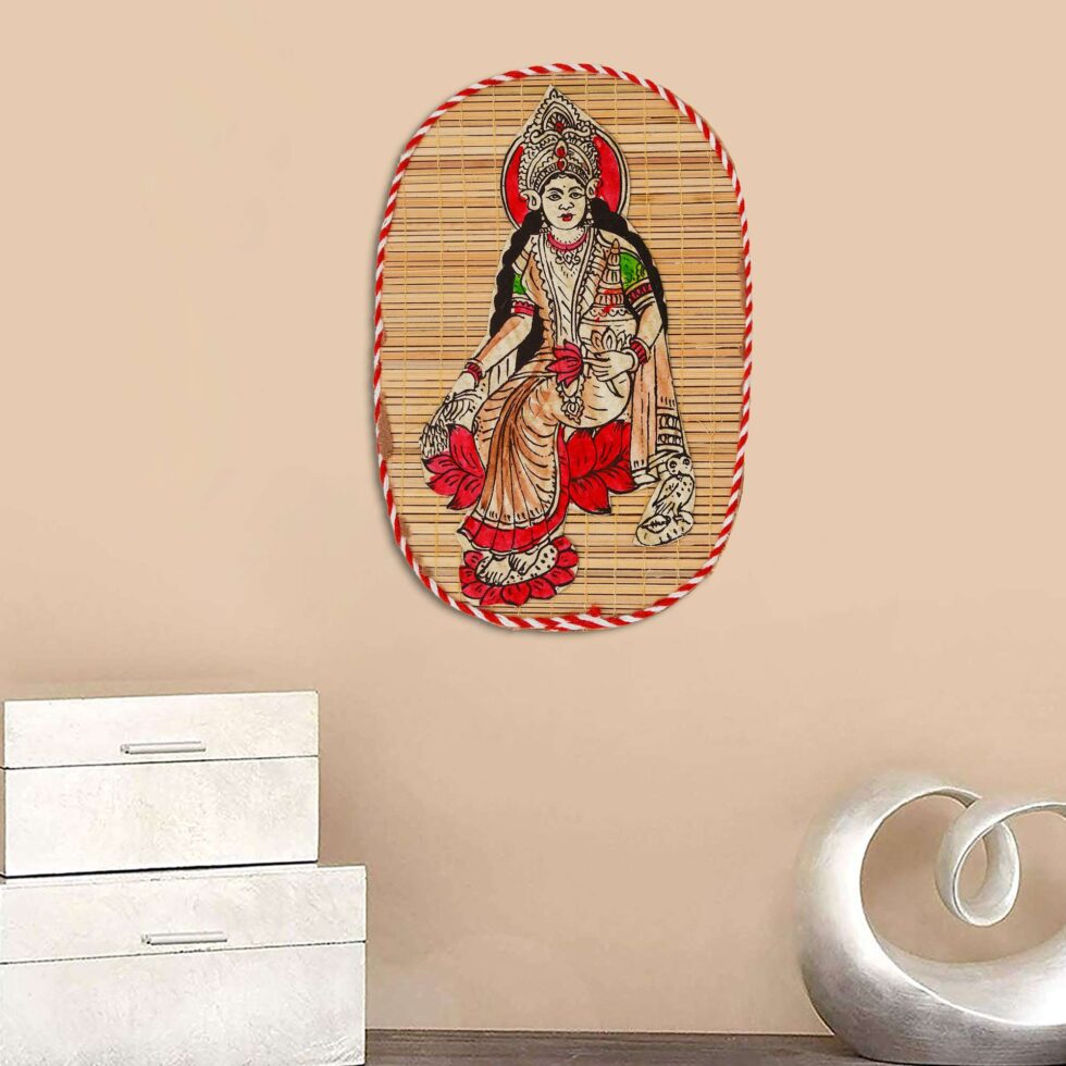 Handmade bamboo wall hanging with Goddess Lakshmi artwork, traditional Diwali festive home decor