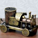 Handcrafted brass train pen holder, vintage-style desk decor for Diwali festive gifting