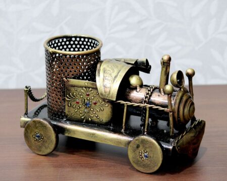 Handcrafted brass train pen holder, vintage-style desk decor for Diwali festive gifting