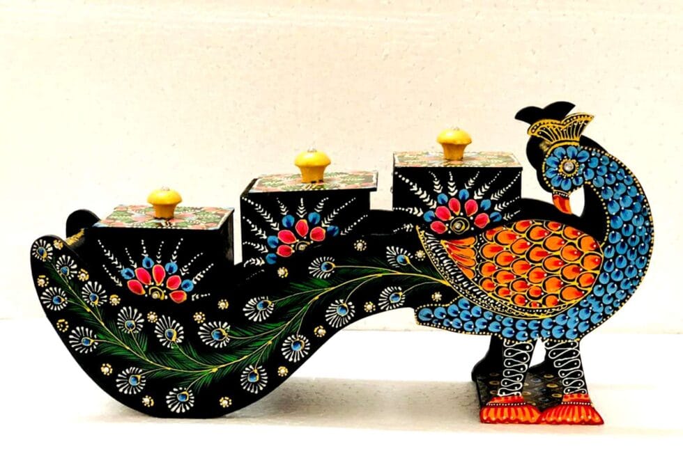 Ethnic peacock spice holder – handmade wooden art piece for kitchen or gifting