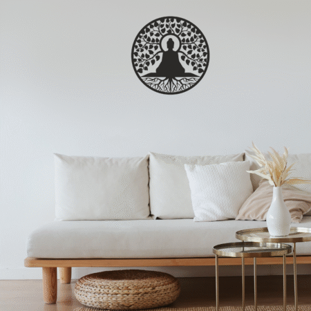 Laser-cut circular Buddha metal wall decor – modern spiritual home artwork.