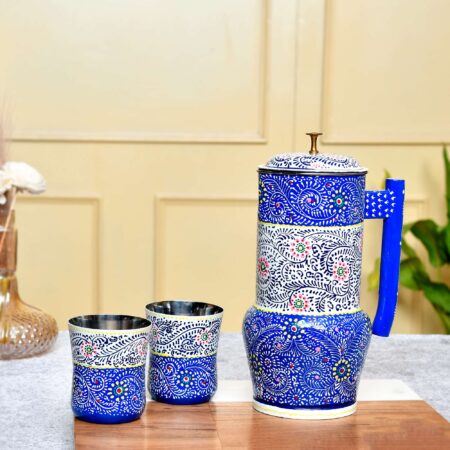 Colorful enamel-painted steel drinkware set featuring intricate folk art patterns