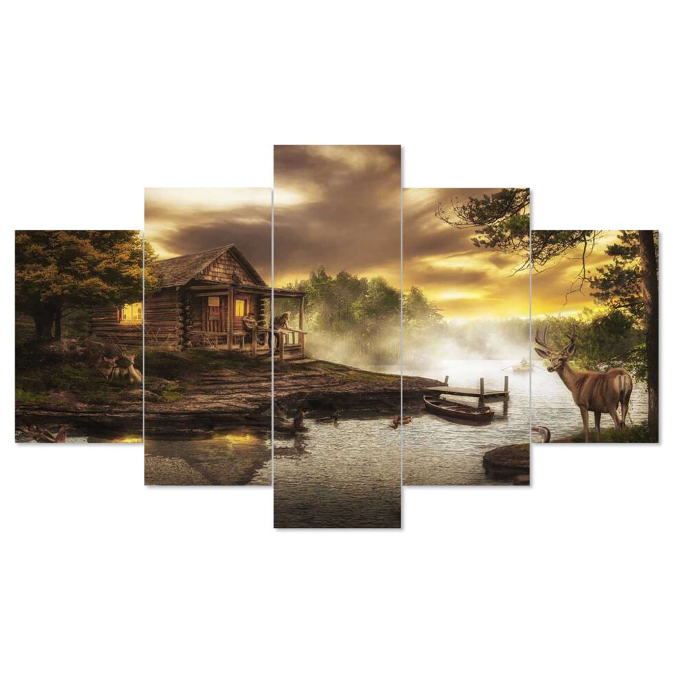 Rustic cabin by lake digital canvas painting – nature-inspired modern wall decor for office or home.