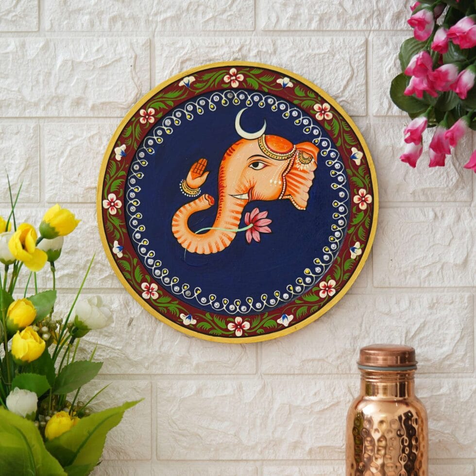 Artistic Ganesha face digital wall painting – vibrant ethnic Indian decor symbolizing peace and prosperity.