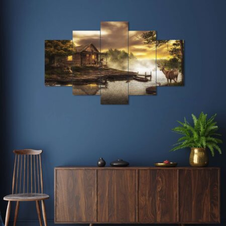 Tranquil forest and lake digital wall painting – elegant art decor for bedroom or gifting.