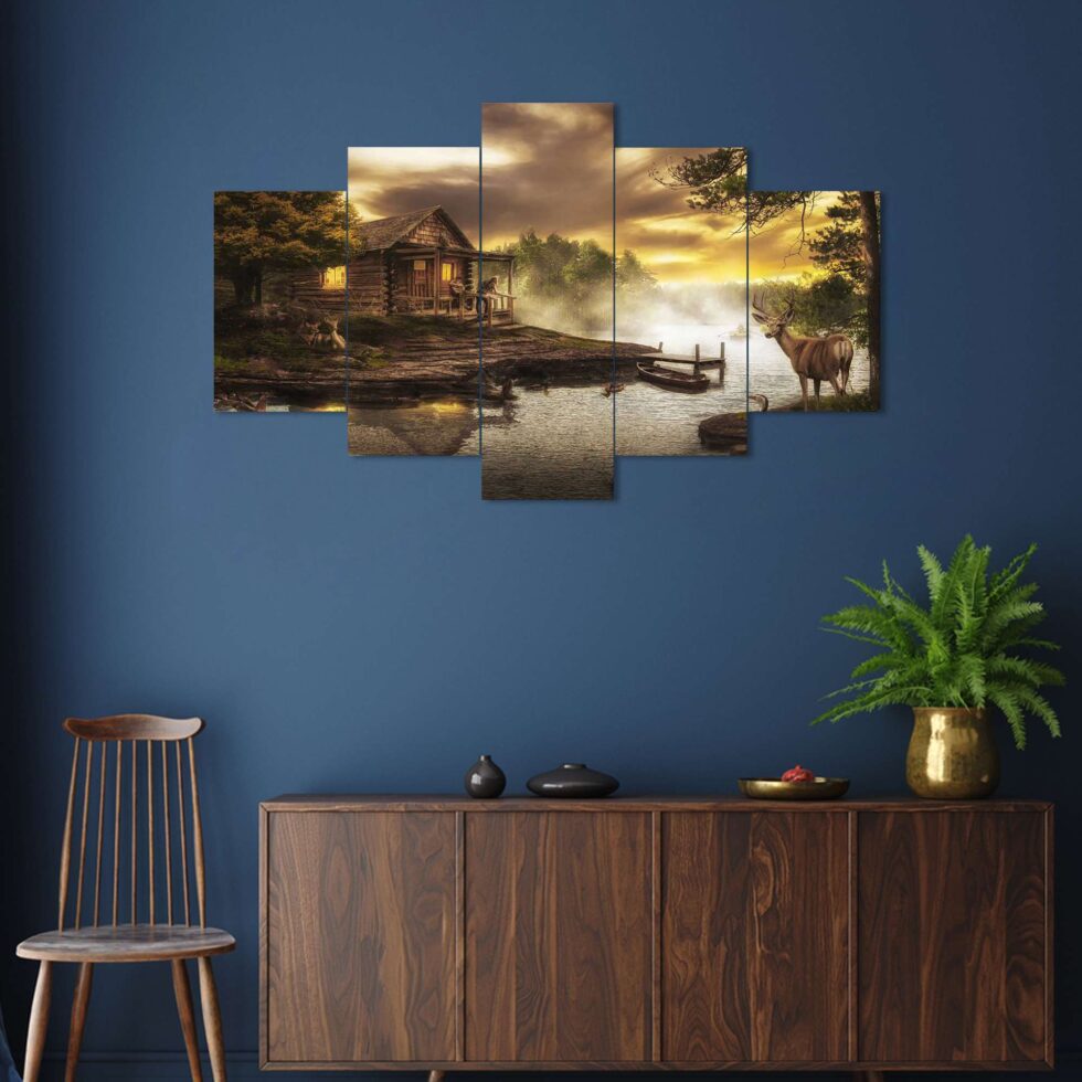 Tranquil forest and lake digital wall painting – elegant art decor for bedroom or gifting.