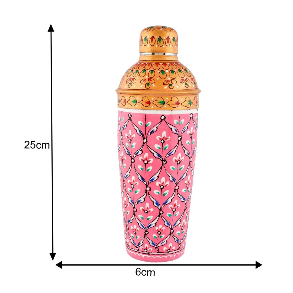 Pink hand-painted aluminium cocktail shaker with floral Indian design and golden detailing