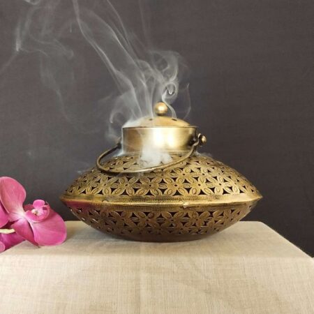 Decorative brass incense burner with lid and handle, luxurious Diwali decor and gifting item