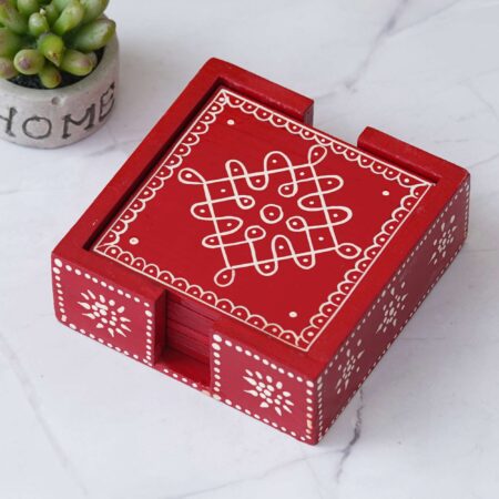 Festive handmade coaster set with intricate rangoli pattern – ideal for Diwali or everyday décor