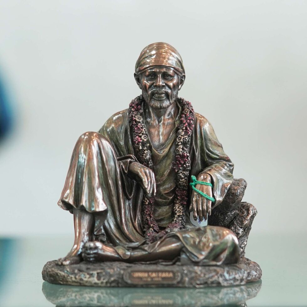 Decorative bronze Sai Baba murti, cultural Indian art piece for Diwali and festive interiors