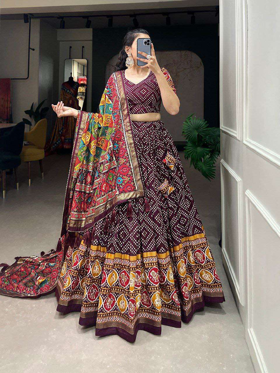 Women's Patola Print Lehenga Choli with Dupatta ? Traditional Gujarati Style Festive Wear - AllHandmadeGoods