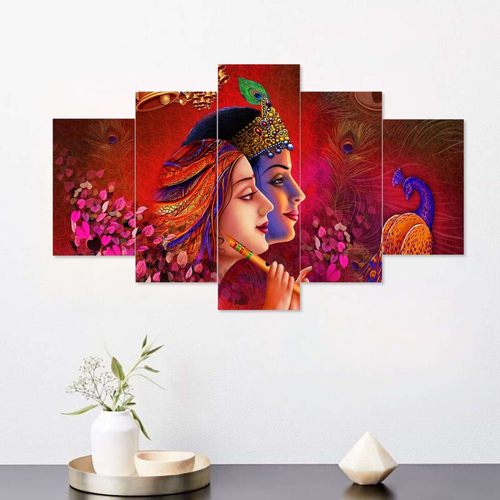 Divine Radha Krishna digital wall painting – colorful Indian art decor for living room or temple area.
