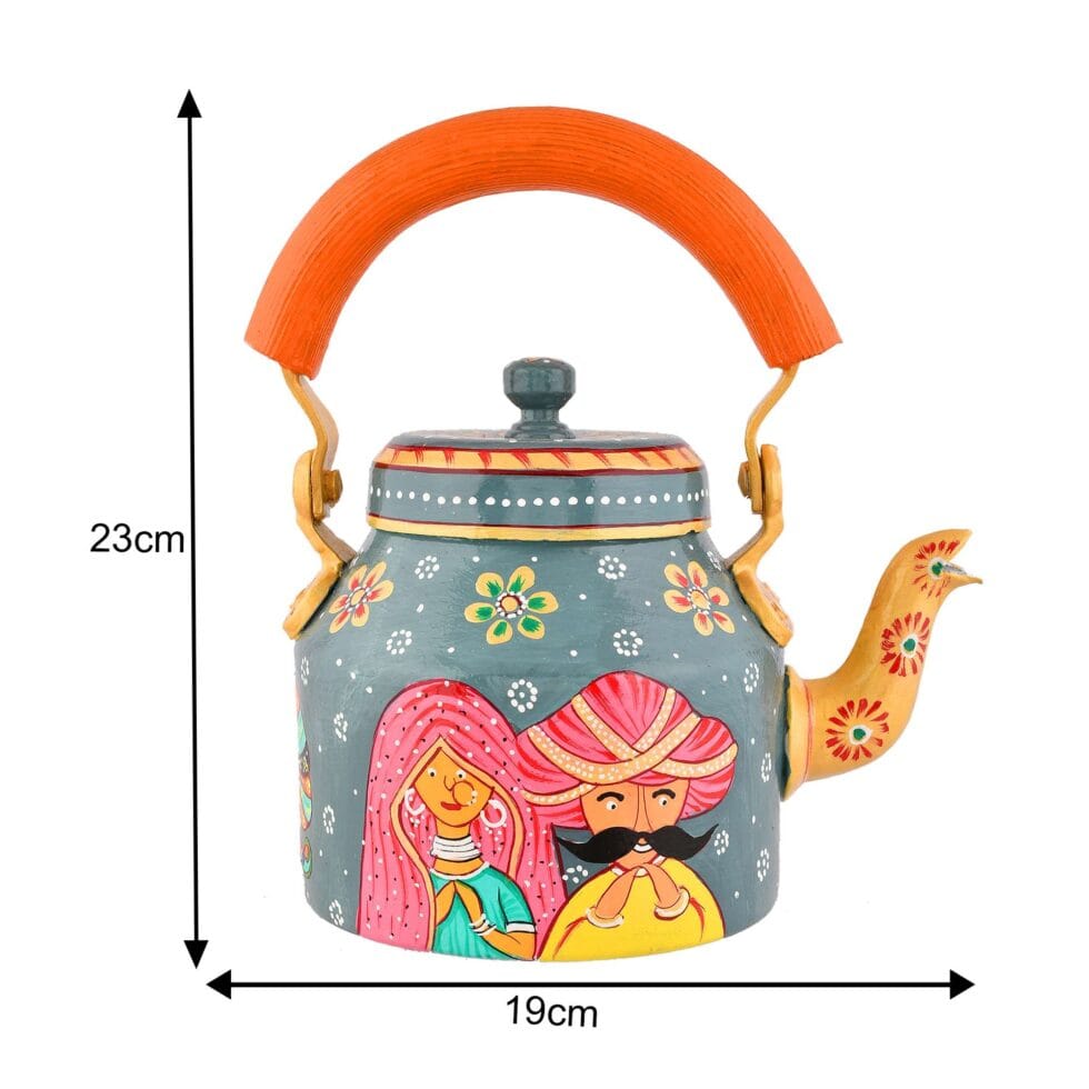 Hand-painted stainless steel kettle featuring Rajasthani couple artwork and floral design