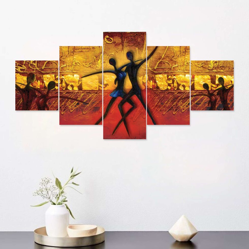 Vibrant dance pose digital wall art with golden background – stylish modern wall decor for home interiors.