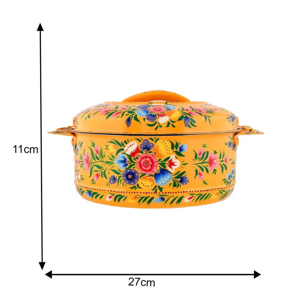 Colorful enamel-painted steel serving bowl featuring traditional floral patterns